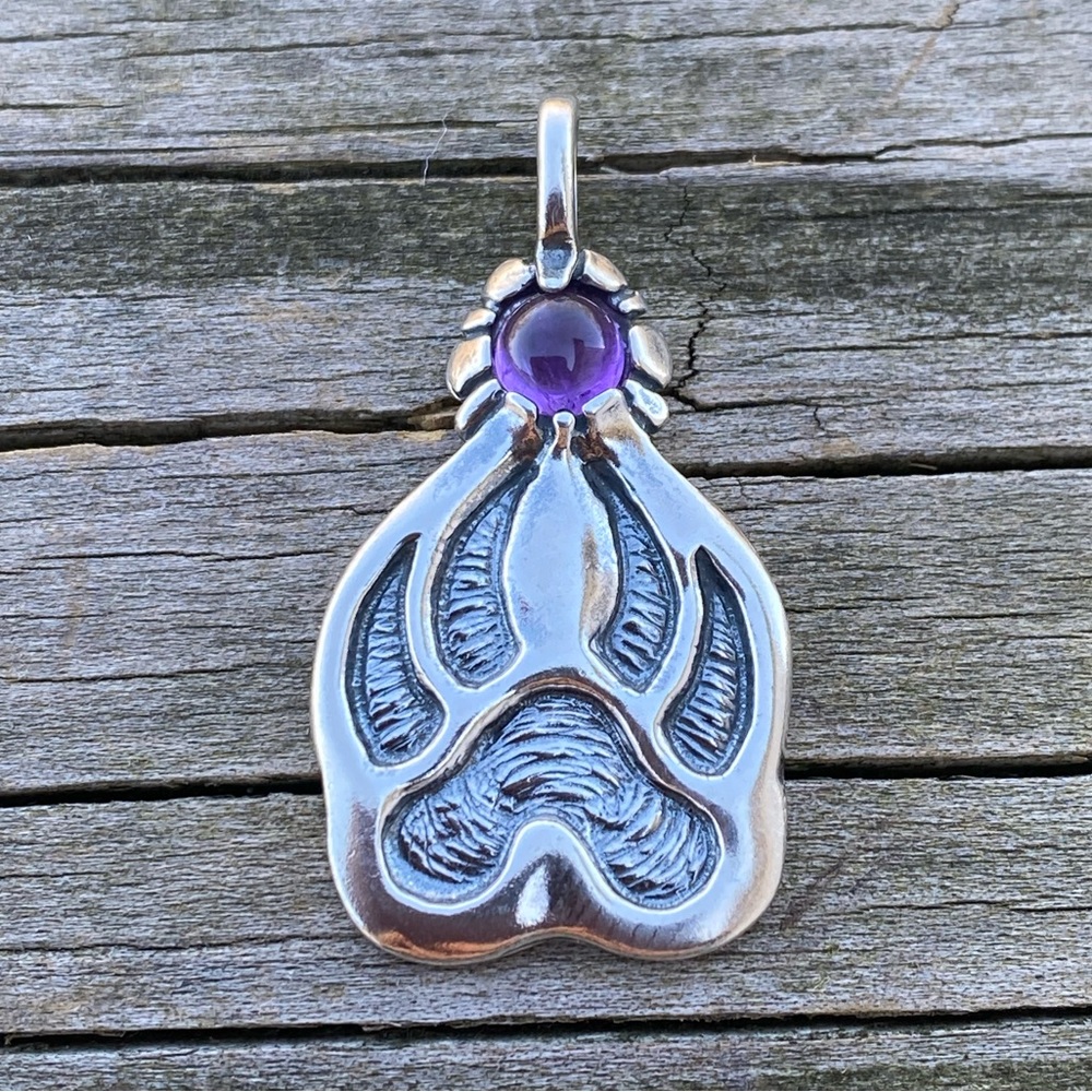 Timber Wolf Track Pendant .925 Sterling Silver with genuine Amethyst made in USA
